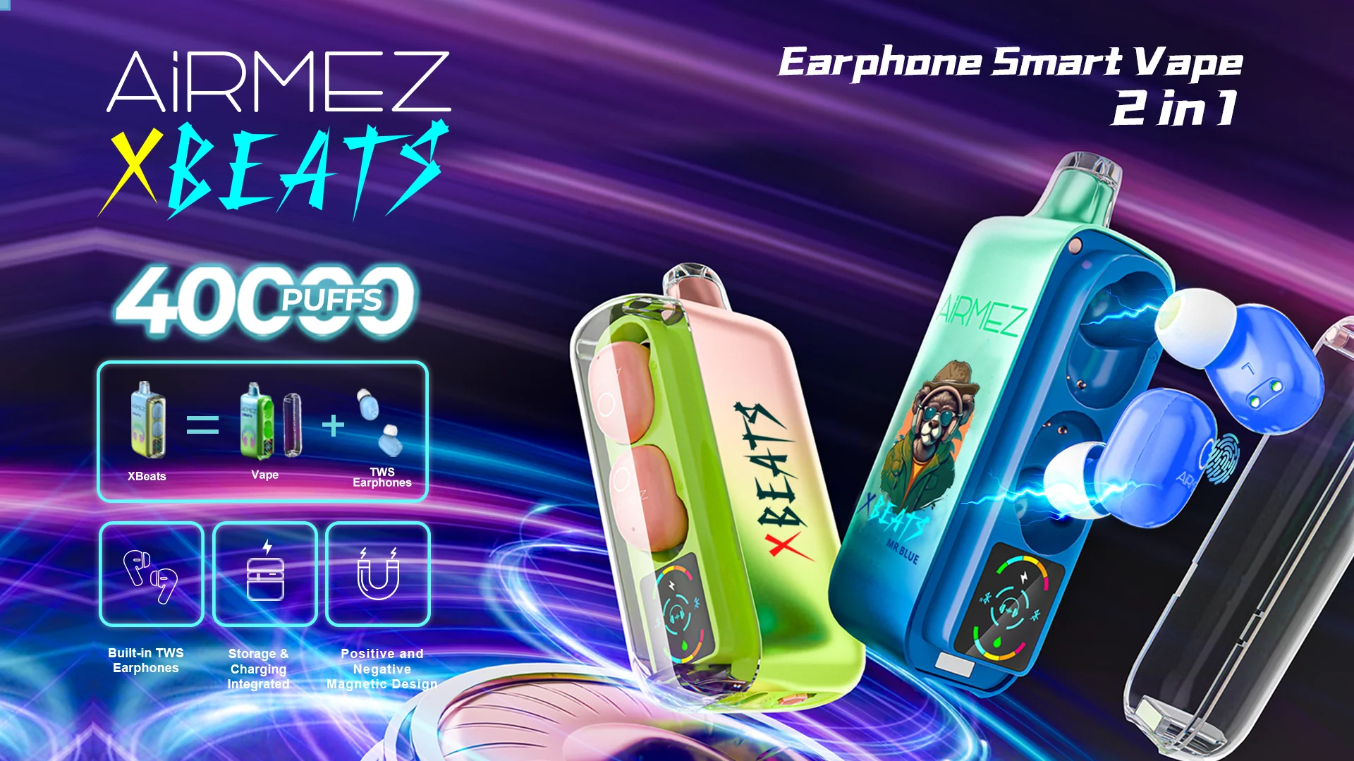 Airmez Xbeat magnetic 2-in-1 vape device with TWS earbuds
