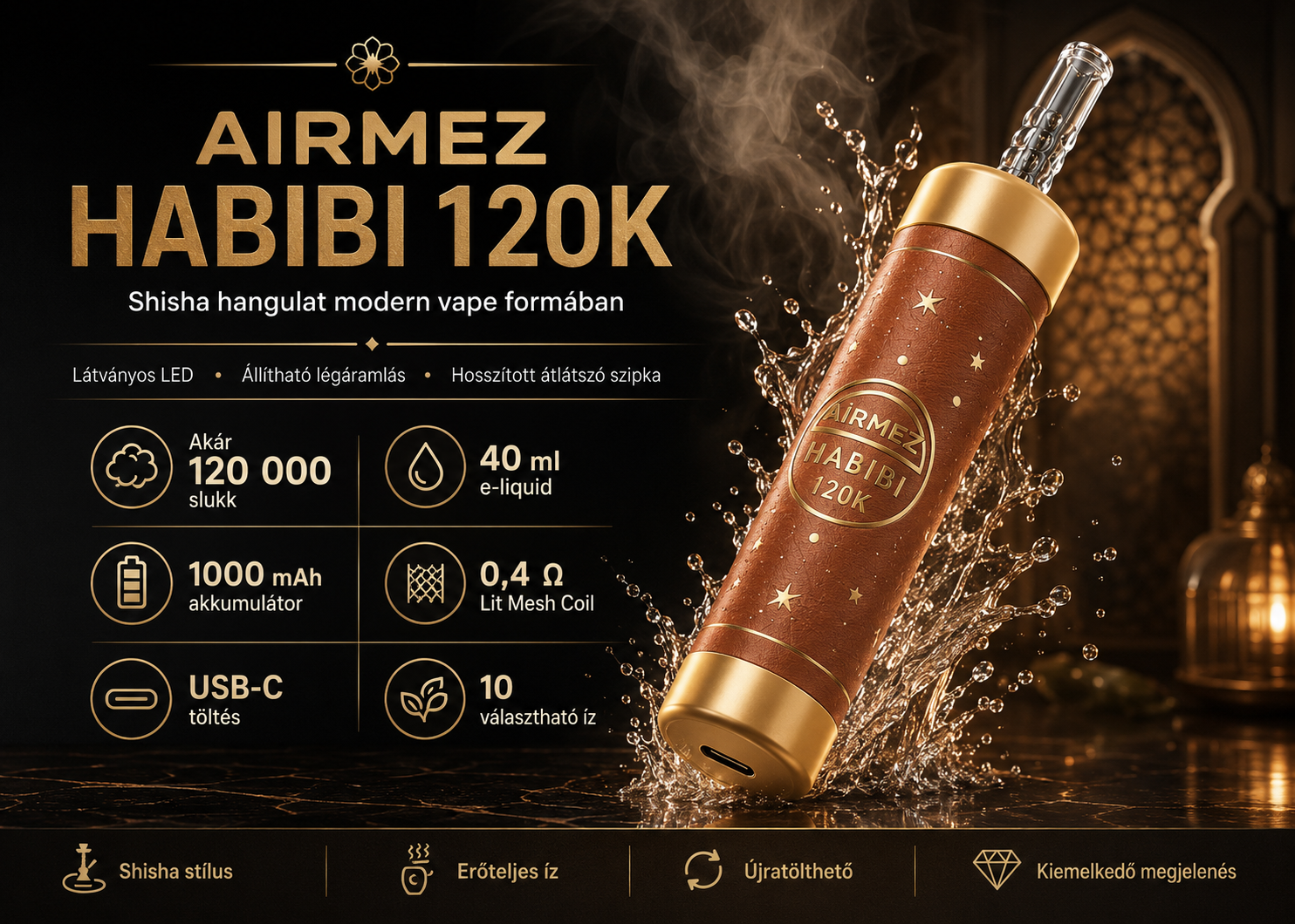 Airmez HABIBI 120K shisha-inspired design, capacity, battery, and coil