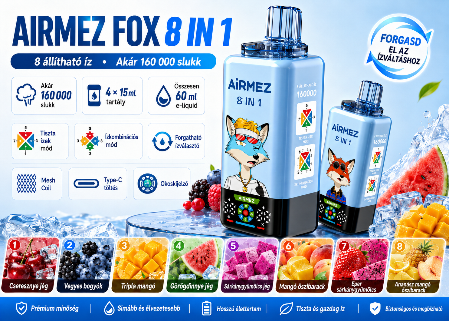 Airmez Fox 8IN1 160K with four tanks and eight flavour settings