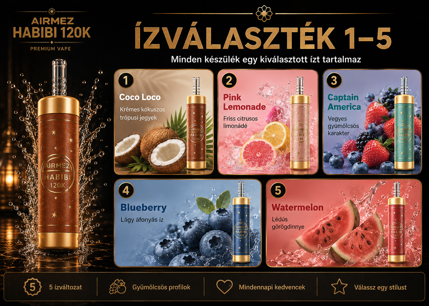 Airmez HABIBI flavours Coco Loco, Pink Lemonade, Captain America, Blueberry, and Watermelon