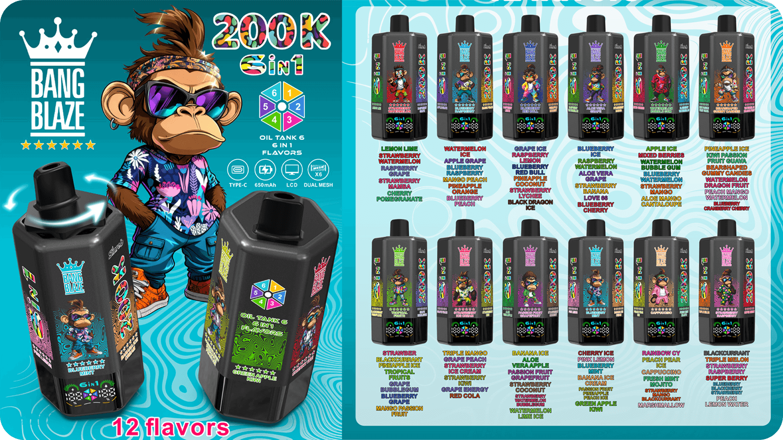 BANG Blaze 200K Puffs 6in1 and twelve six-flavour sets