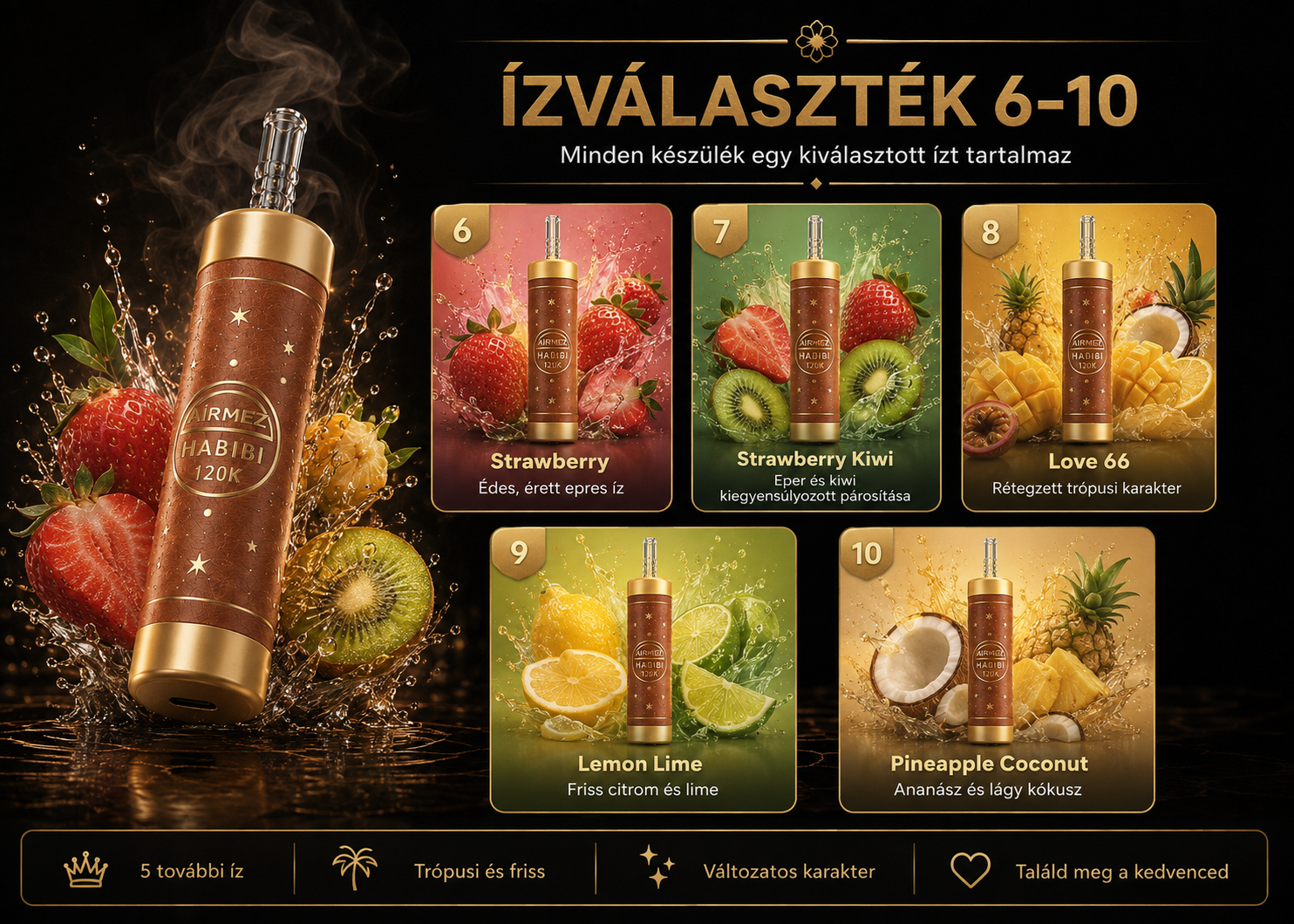 Airmez HABIBI flavours Strawberry, Strawberry Kiwi, Love 66, Lemon Lime, and Pineapple Coconut