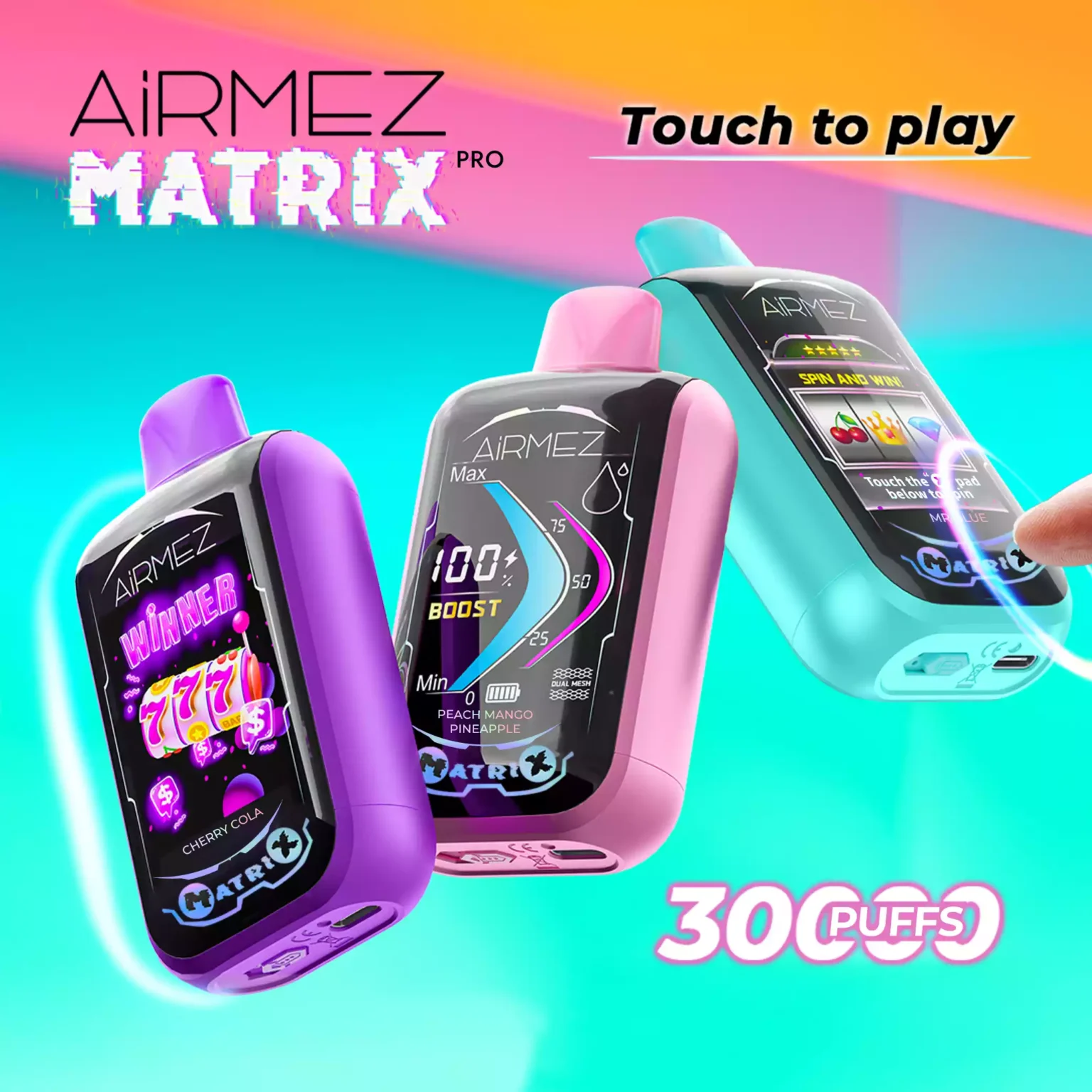 Three Airmez Matrix Pro devices with touchscreen and Lucky Room feature