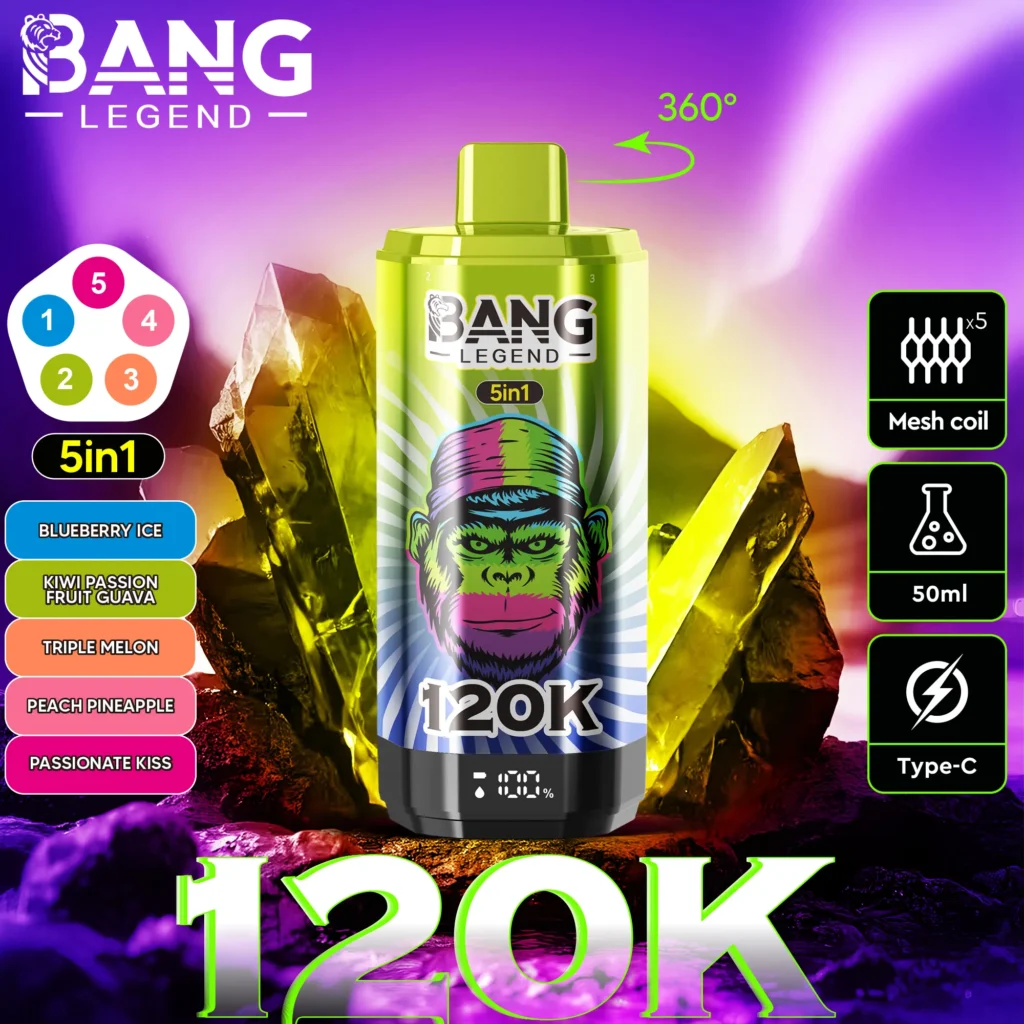 Bang Legend 120K Puffs 5-in-1 – Blueberry Ice, Kiwi Passion Fruit Guava, Triple Melon, Peach Pineapple and Passionate Kiss