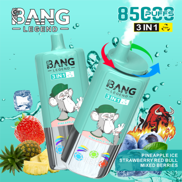 Bang Legend 85K Puffs 3-in-1 – Pineapple Ice, Strawberry Red Bull and Mixed Berries