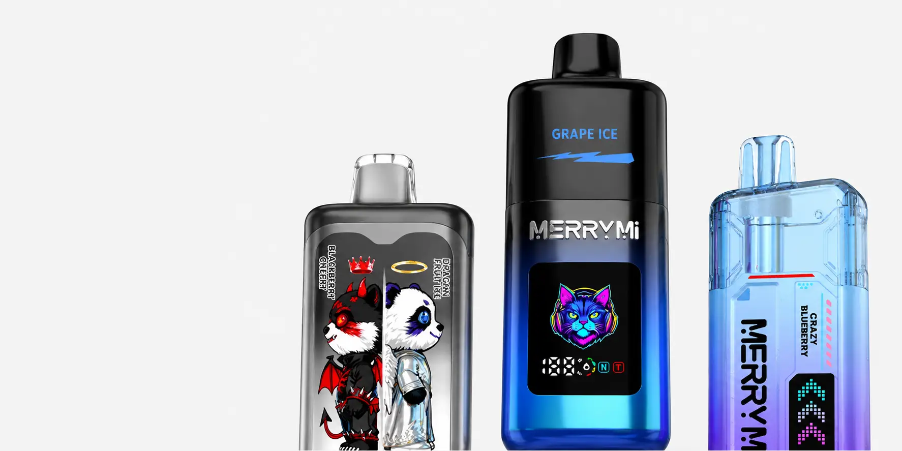 Merry Mi disposable e-cigarettes – three models on a white background