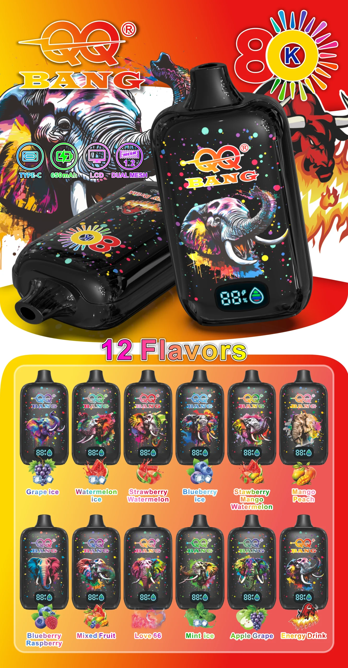 QQ Bang 80000 Puffs with display and twelve flavour variants