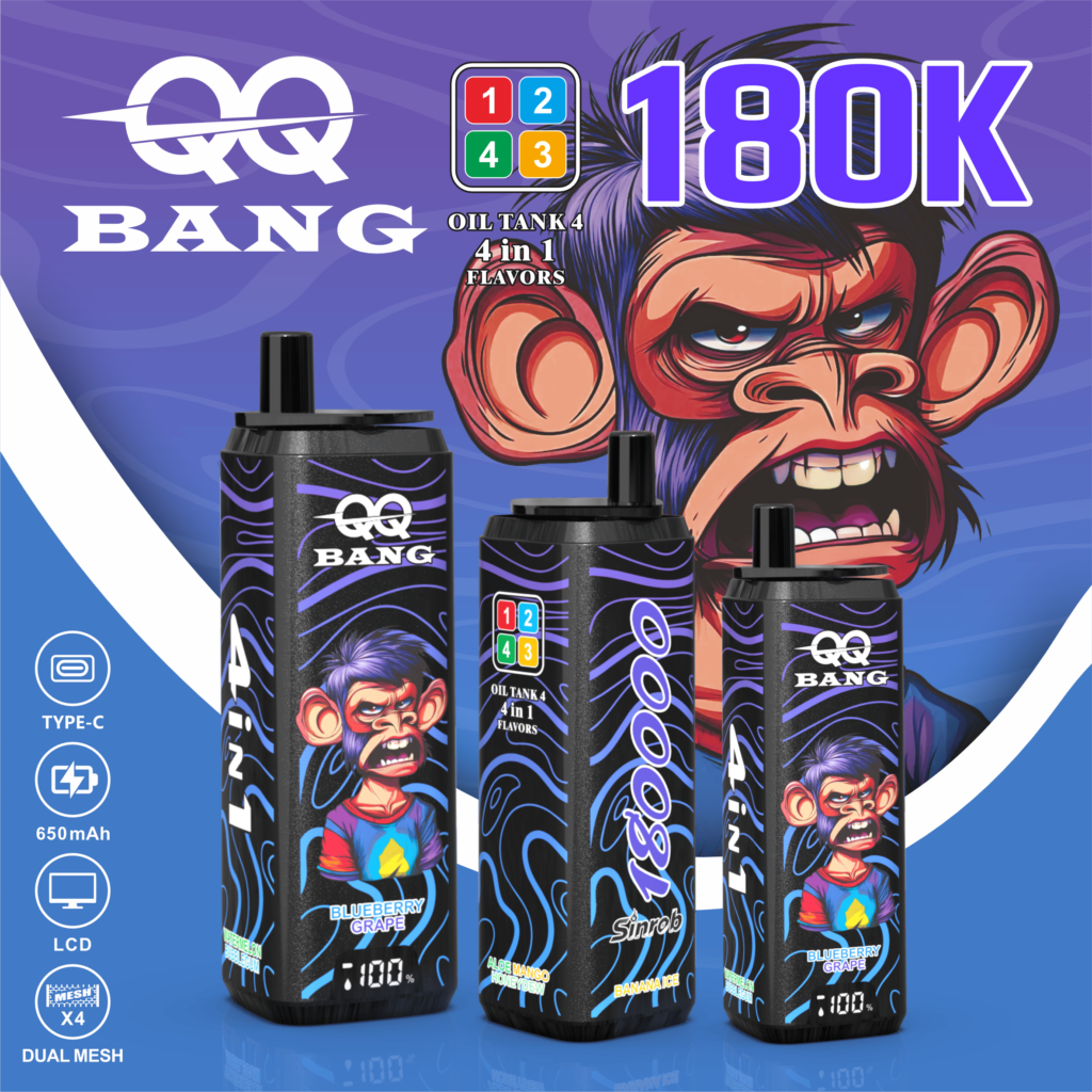 QQ Bang 180K Puffs 4-in-1 – Banana Ice, Watermelon Bubblegum, Blueberry Grape and Aloe Mango Melon