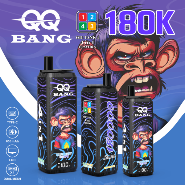 QQ Bang 180K Puffs 4-in-1 – Banana Ice, Watermelon Bubblegum, Blueberry Grape and Aloe Mango Melon