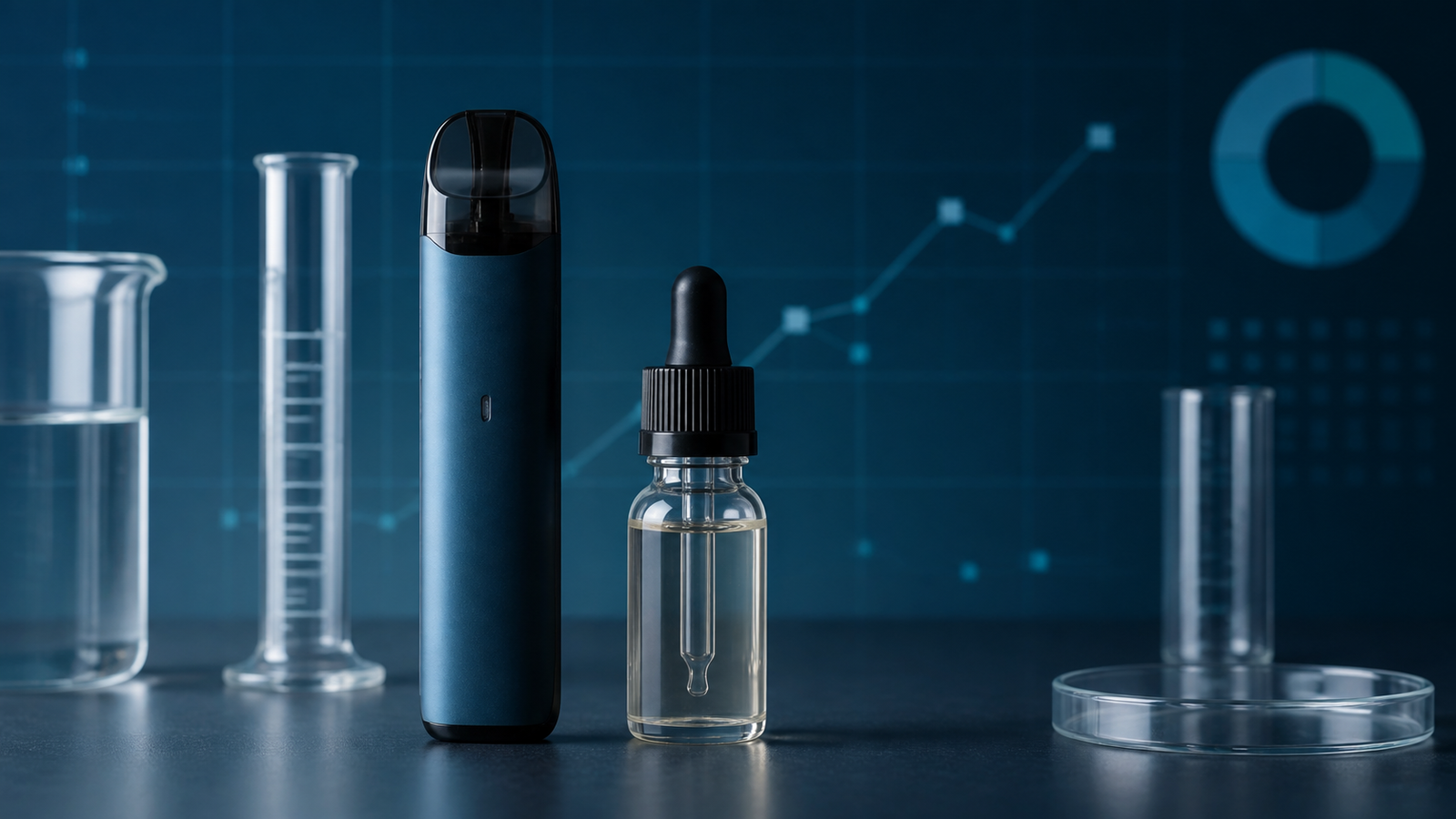 E-cigarette and e-liquid bottle with laboratory measuring vessels
